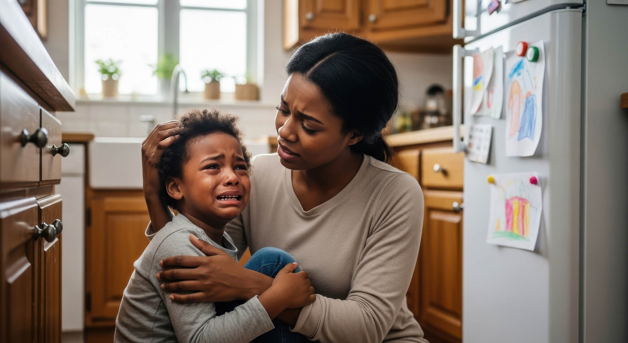 A parent comforting a crying child in a kitchen