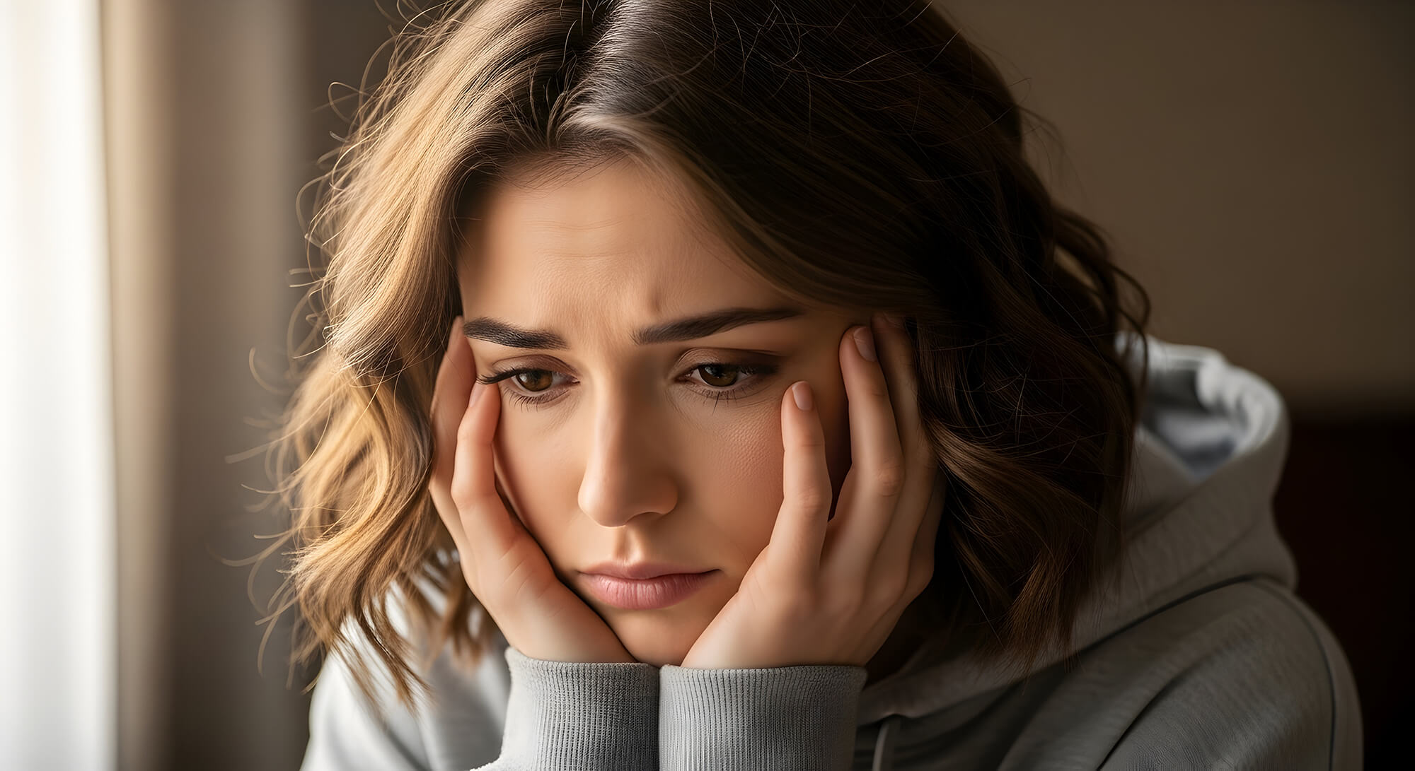 A teen sitting by a window, resting her face in her hands